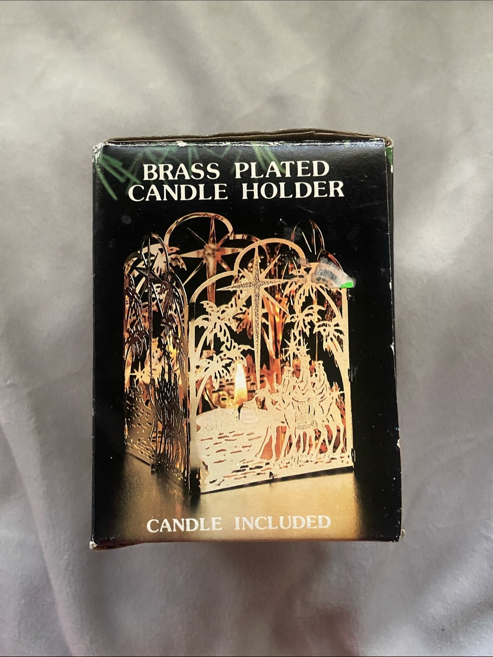 Vintage Brass Plated Nativity Scene Candle Holder & Candle With Box